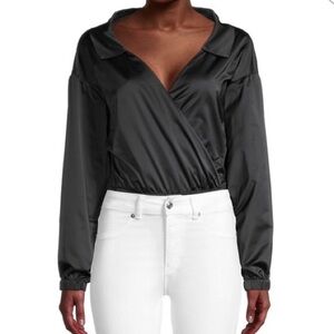 Milly size small Black Satin Black Wrap Top Bodysuit long sleeve